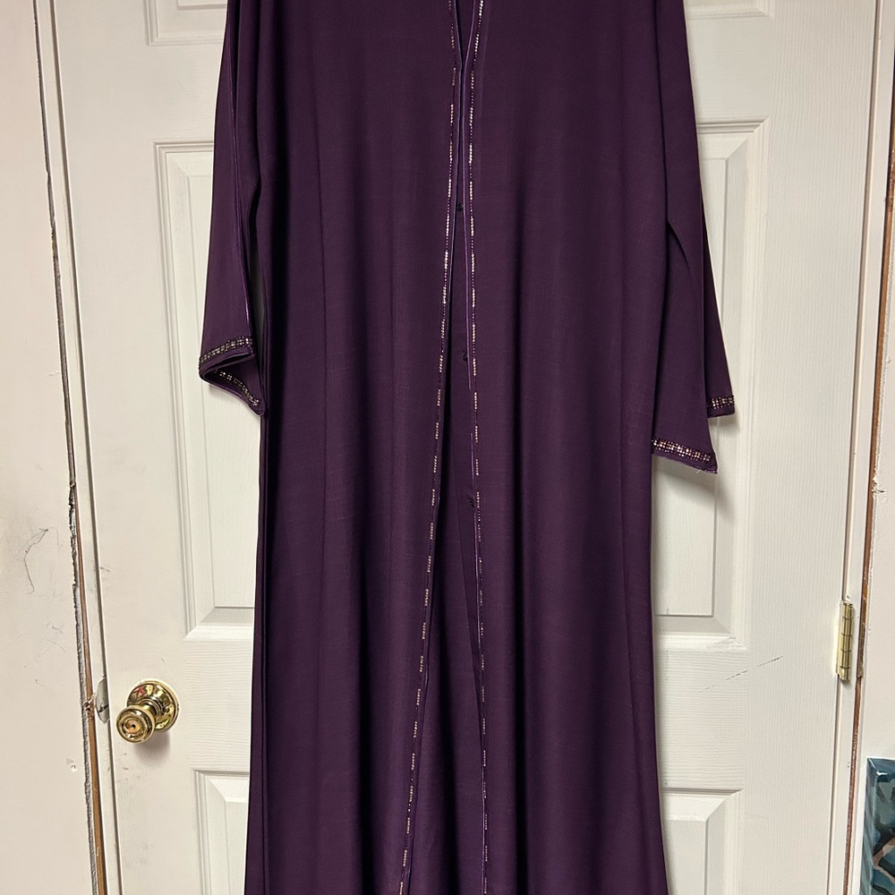 Elegant Purple Long Abaya with rhinestones accent trims